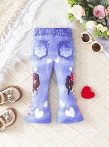 Leggings casuales para niñas pequeñas con estampado de corazones y letras, versátiles para usar al aire libre en primavera/otoño - Azul - Ver 2