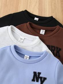 SHEIN Leap Crew 小男孩字母图案圆领长袖上衣和裤子两件套，简约设计 - 黑色 - 查看 6