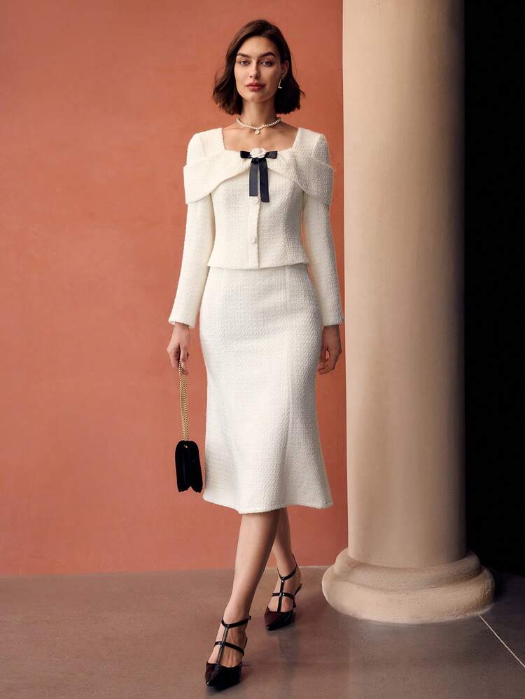 TWEED SWEETHEART NECK CONTRAST STEREO FLOWER BOW FRONT MERMAID HEM MIDI DRESS