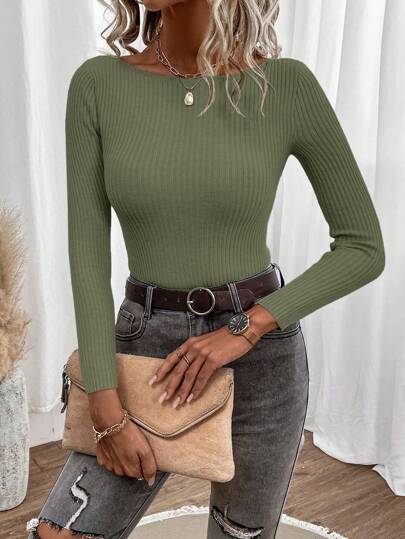 SHEIN Clasi Crewneck Rib Knit Solid Color Casual Pullover Sweater In Fall/Winter