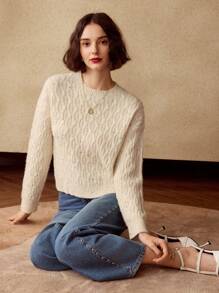 MOTF SOLID DROP SHOULDER CABLE KNIT SWEATER - Apricot - View 5