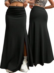 SHEIN EZwear Women's Fall/Winter Y2K Coachella  Music Festival Sexy Fashion Rib Knit Stretchy Pleated High Split Comfy Black Mid Rise Maxi Skirt For Halloween Party And New Year Eve