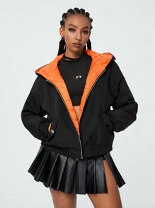 SHEIN EZwear Women's Fall/Winter Rapper Corta Vento Color-Blocked Quilted,Black Coat - Black - View 3
