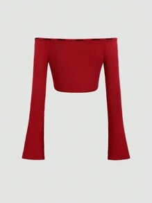 SHEIN Unity 女士可爱露肩系带长袖针织套头衫秋冬款 - 紅色 - 查看 2