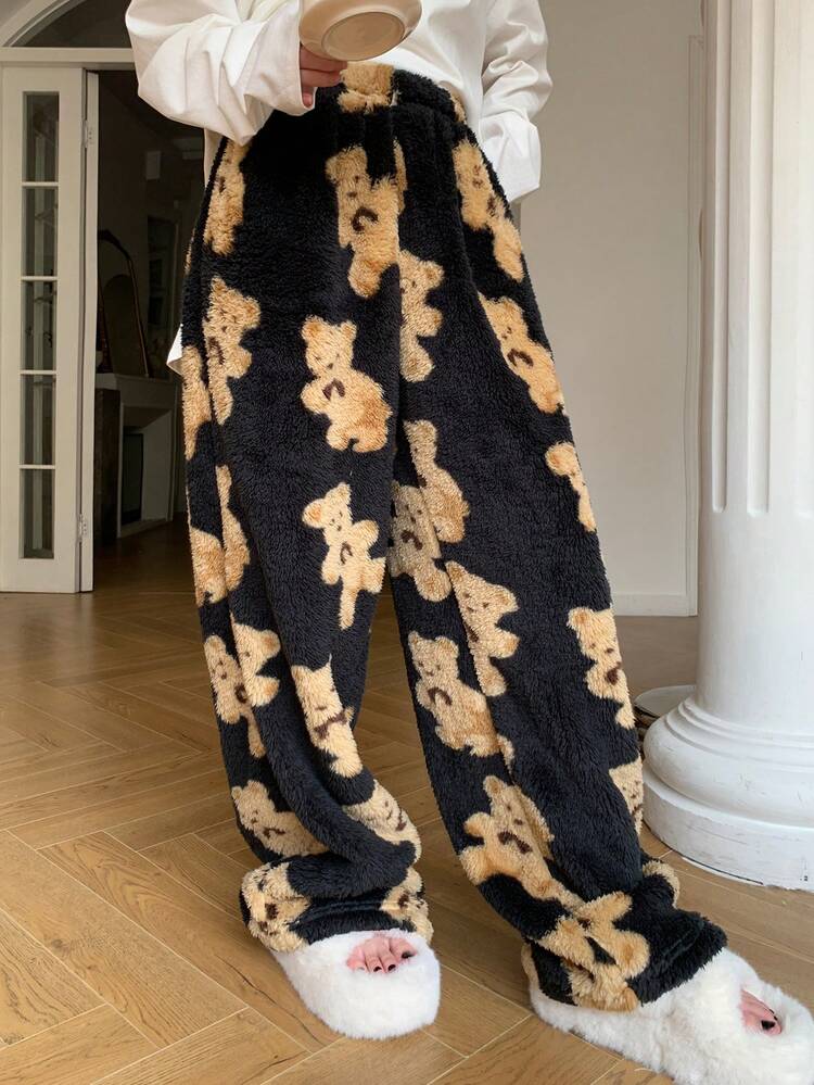 Plush Bear Print All Over Graphic Straight Leg Fluffy Pants Fall, Winter, Cozy
