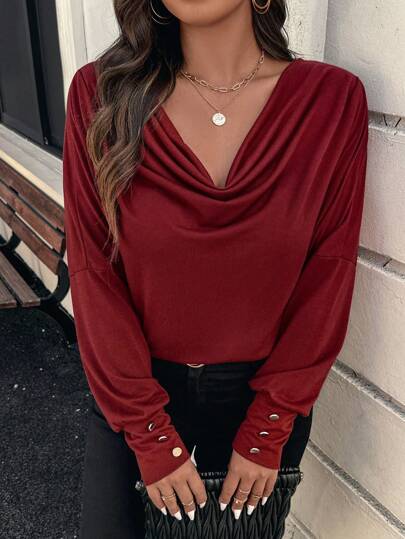 SHEIN Clasi Curvy Plus Size Women's Red Long Sleeve Pleated Collar Simple Elegant Long Sleeve T-Shirt, Metallic Button Decoration, Casual Daily Wear, Suitable For Autumn And Winter, Christmas