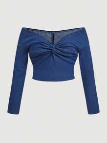 SHEIN MOD Plus Size Off Shoulder Tight Fit Lange Mouw Denim Blouse, Blauw