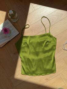 Comfortcana Lime Green Satin Women's Backless Tie-Back Tank Top