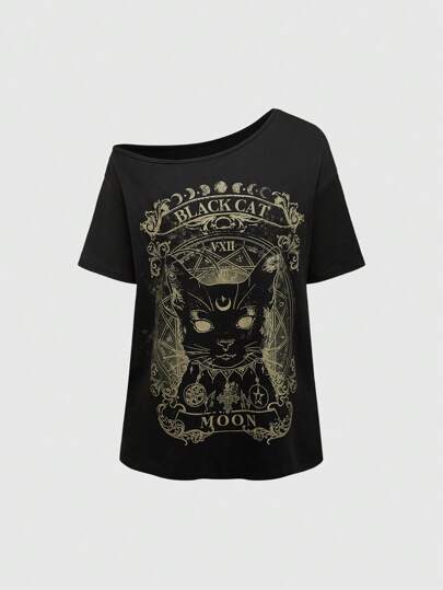 Goth T-shirt ample à manches tombantes avec impression de chat noir casual pour l'été, tailles importantes