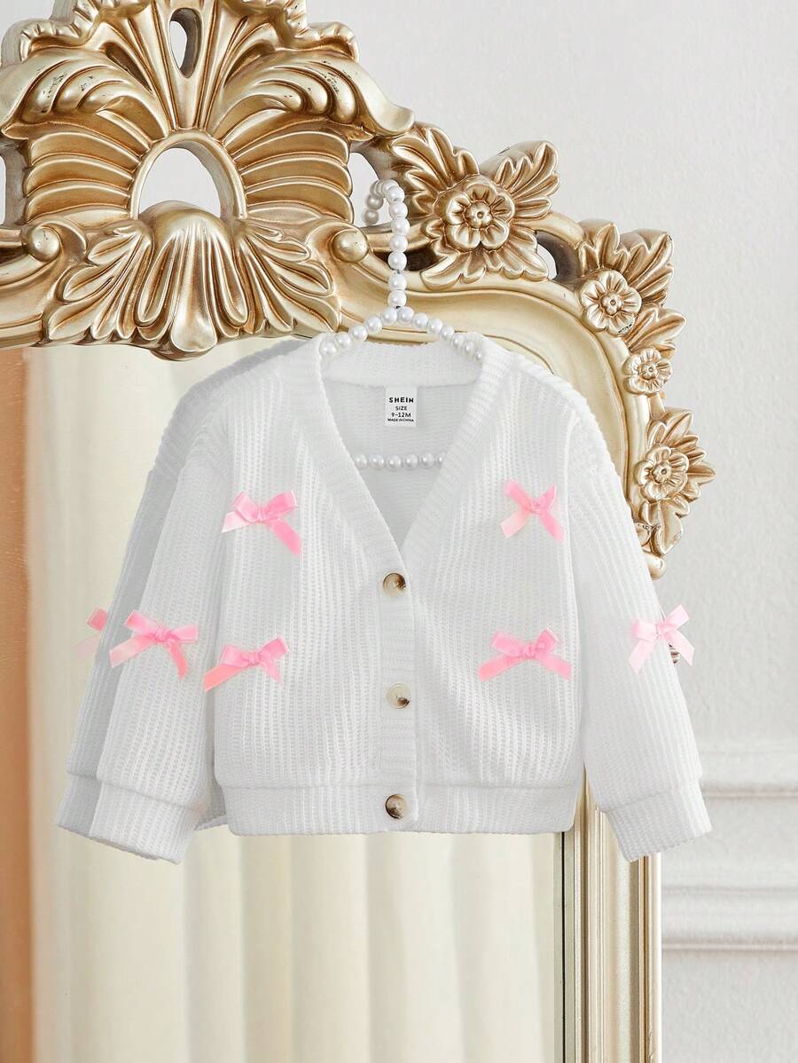 SHEIN Baby Girl V-Neck Bowknot Solid Color Long Sleeve Cardigan Sweater Outerwear, Spring/Autumn - White - View 1
