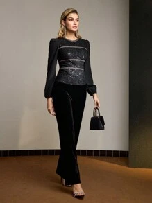 MOTF PREMIUM 亮片刺绣泡泡袖修身上衣