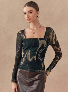 Almamuse Women Square Neck Long Sleeve Casual T-Shirt, Everyday Wear Graphic Tees Women Tops For Spring Fall - Black - View 5