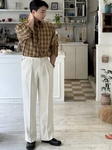 DAZY 男士前扣衬衫领长袖格子休闲上衣 - 棕色 - 查看 8