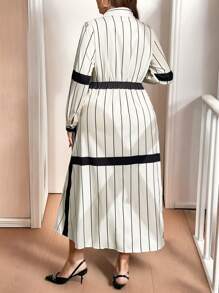 Calvaya 条纹拼色长袖收腰A字裙，秋冬法式优雅风