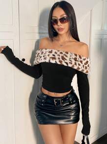 SHEIN EZwear Black Leopard Print Fuzzy Off Shoulder Knitted T-Shirt