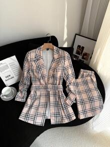 SHEIN Clasi 2 件格子印花翻领长袖西装外套和裤子休闲套装 - 彩色 - 查看 4