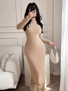 Feyla 1 件女式纯色圆领长袖修身流苏下摆连衣裙，简约设计长款晚礼服 - 卡其色 - 查看 6