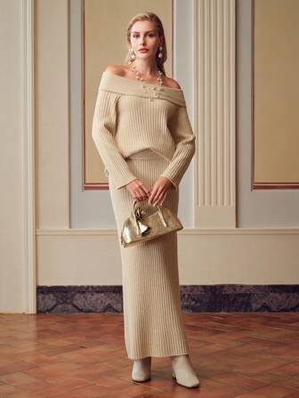ZEYLAH PULL CÔTELÉ TAILLE ÉPAULE DÉNUDÉE unicolore ET JUPE EN TRICOT