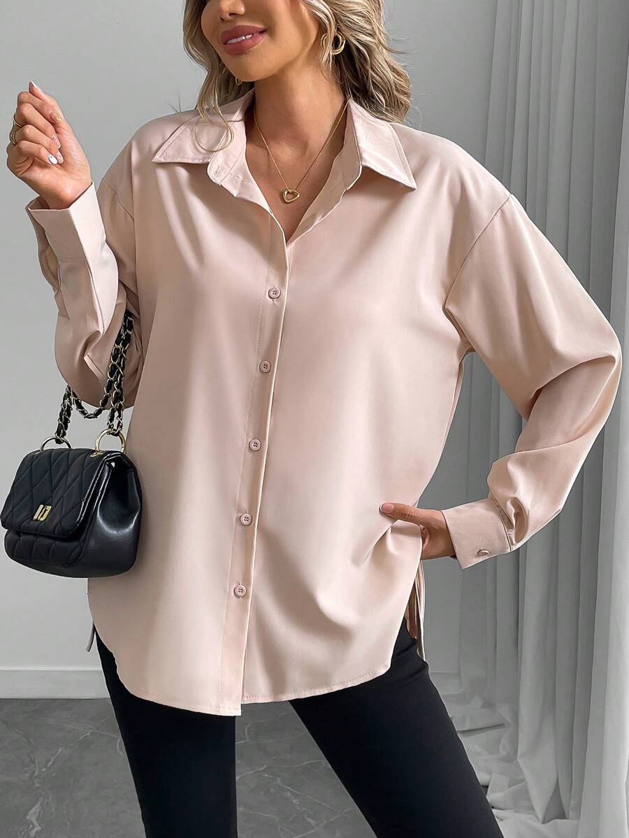 INAWLY Solid Drop Shoulder Split Hem Shirt For Spring & Summer,Long Sleeve Tops Fall Cloth For Women - Khaki - View 1