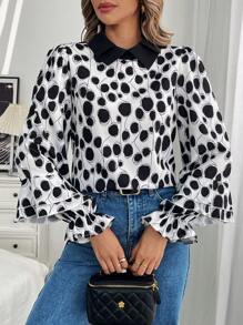 SHEIN LUNE 女士拼布长袖衬衫，通勤度假休闲装，秋冬季 - 黑與白 - 查看 6