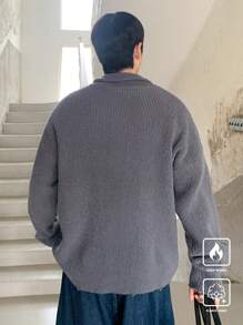 Claim Dot 男士立领休闲纯色纯色落肩宽松针织长袖毛衣，适合秋冬季外出、朋友聚会 - 深灰色 - 查看 5