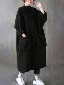 女士休闲/通勤纯色宽松口袋连帽长袖夹克 - 黑色 - 查看 3