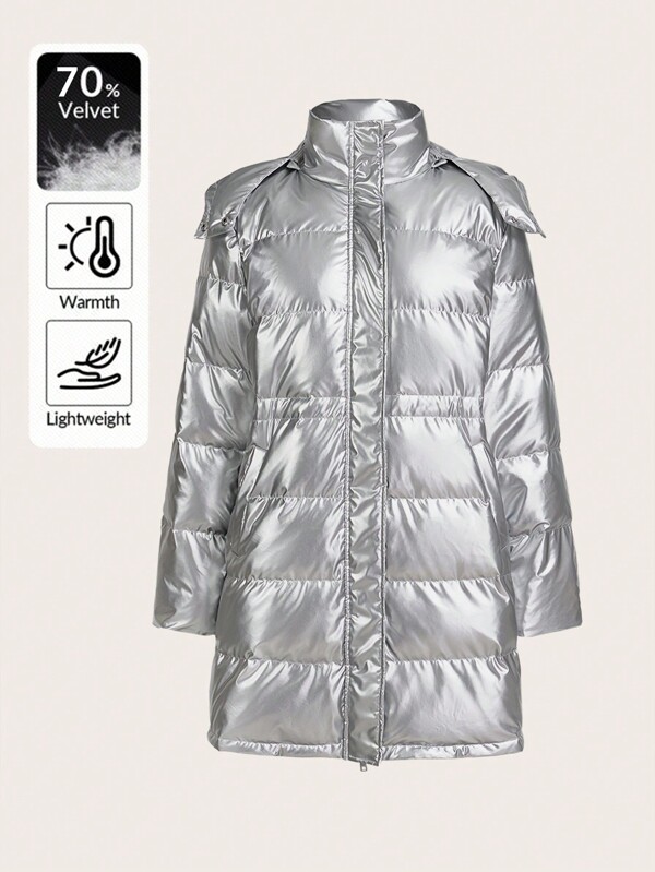 SHEIN Essnce Winter Women Clothes Women's Casual Warm Feathers& Down Long Sleeve Long Padded Coat Women Shiny Puffer Jacket With Removable Hood Warm Zip-Up Stand Collar Hooded Feathers& Down Jacket Winter Women Coat Down Jacket Contains70% Down Super Warm Going Out Down Jacket Thanksgiving Women Outfit Winter Outfits Winter Jacket