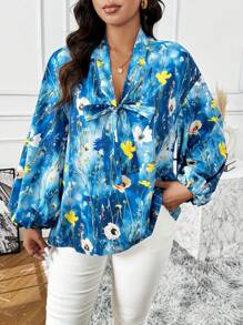 Flirla Blusa de manga larga con nudo delantero, de talla grande, con estampado de flores y teñido anudado