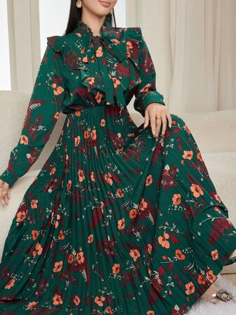 Mulvari Vestido largo con volantes con estampado floral elegante por todo el vestido, atuendo de otoño de largo vestido maxi para mujer