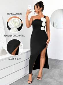 SHEIN Unity Women Floral Print Asymmetric Neckline High Slit Sleeveless Dress - Black - View 4