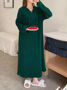 DAZY Minimalist Fuzzy Ribbed Knit Zip-Up Hooded Loose Fit Casual Dress Fall,Winter, Cozy Outfit - Green - View 4