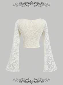 SHEIN MOD Áo thun tay loe cúp ren màu mơ cho nữ, Thu/Đông, Halloween, Dạ hội, Đi chơi, Quần áo nữ Hippie, Áo dài tay màu be cho nữ, Lõi tiên, Giáng sinh - Màu be - Xem 2