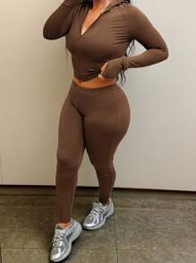 Bộ 2 món áo trùm đầu tay dài có khóa kéo màu trơn và quần dài trang phục thường ngày - Màu nâu  Mocha - Xem 8