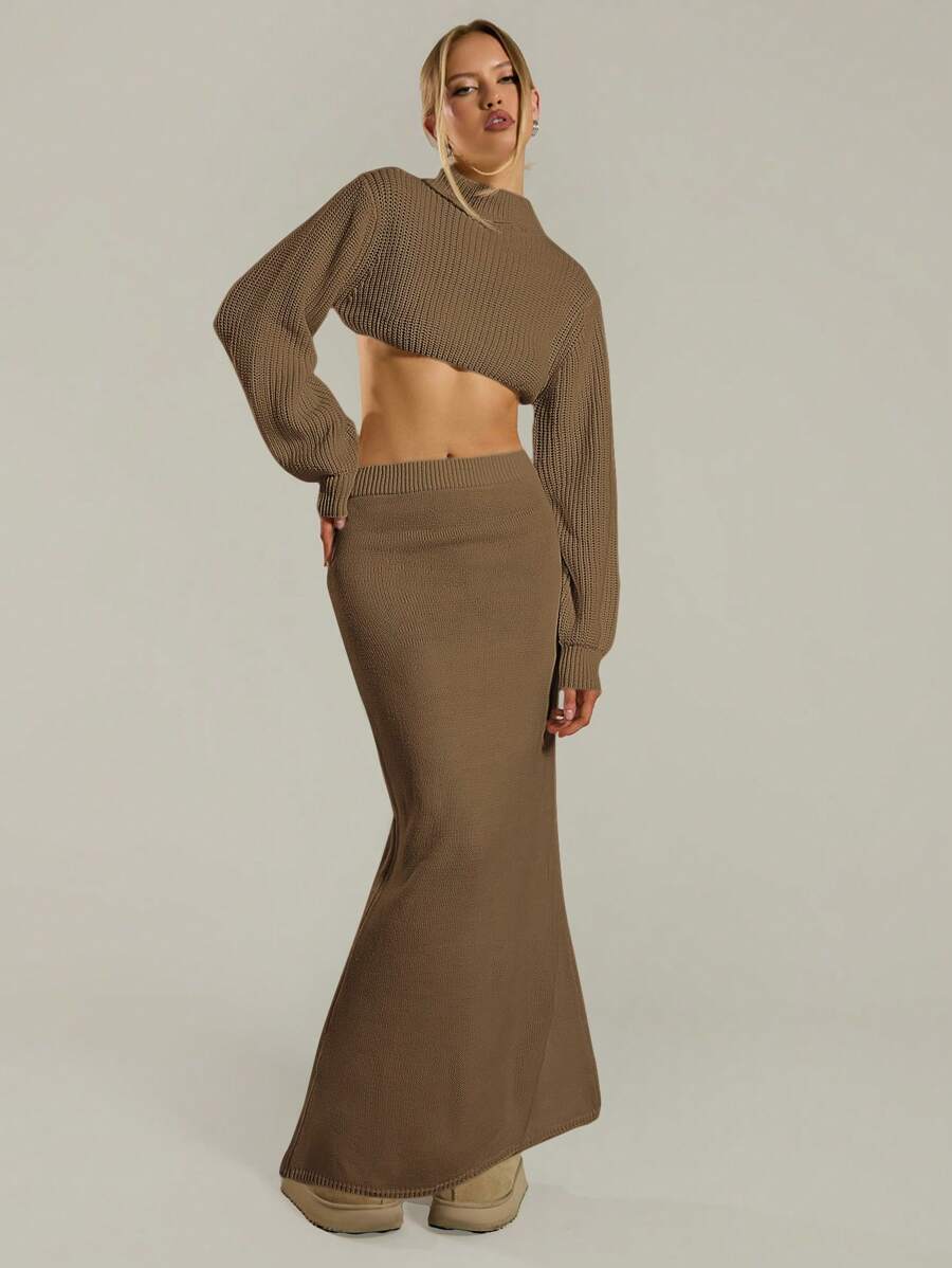 MUSERA Low Rise Ribbed Knit Co-Ord Maxi Skirt Only Night Out Fall Autumn Occasion Cute Sexy Thanksgiving  New Year - Mocha Brown - View 1