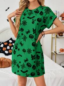 SHEIN Essnce 女士节日万圣节花卉印花休闲夏装、万圣节服装、万圣节风俗女士 - 綠色 - 查看 5