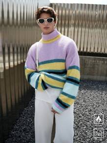 Manfinity Hypemode Men's Casual Contrast Color Stripe High Neck Drop Shoulder Sweater, For Autumn/Winter - Multicolor - View 2