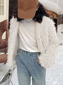 DAZY Tween 女童纯色毛绒前开长袖休闲夹克 秋冬季 - 杏色 - 查看 2