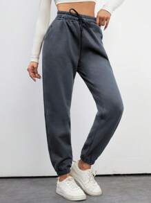 Cottnline Cotton Tall Ladies' Drawstring Waist Solid Color Jogging Pants - Dark Grey - View 4