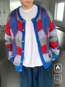 Claim Dot Men's Autumn/Winter Geometric Pattern Drop Shoulder Long Sleeve Single-Breasted Casual Cardigan - Multicolor - View 1