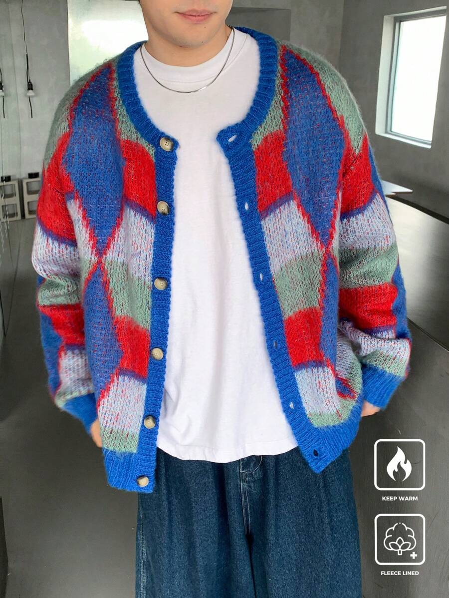 Claim Dot Men's Autumn/Winter Geometric Pattern Drop Shoulder Long Sleeve Single-Breasted Casual Cardigan - Multicolor - View 1