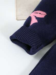 年轻女孩 2 件套针织套装，可爱蝴蝶结设计领毛衣和褶边下摆裙子冬季套装 - 藏蓝色 - 查看 4