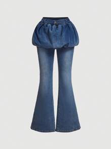 SHEIN MOD Women Button Front Pleated Minimalist Jeans, Casual Daily Wear - Blue - View 1