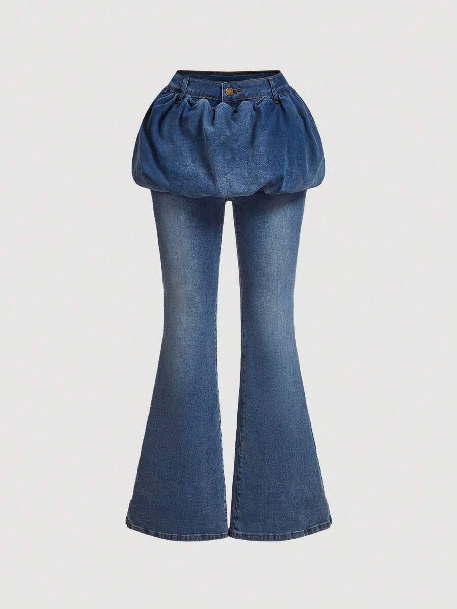 SHEIN MOD Women Button Front Pleated Minimalist Jeans, Casual Daily Wear - Blue - View 1