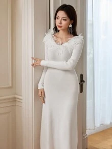 Modelyn 1pc Women's Elegant Fitted Slimming Knit Cocktail Dress For Party And Formal Events - White - View 7