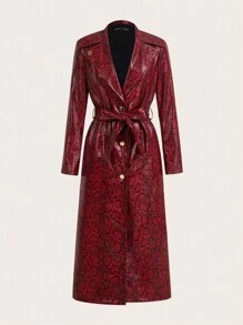 SHEIN X Belinda SHEIN Essnce Burgundy Snake Print Red All-Over Leather Suit Collar Long Sleeve Button Lapel Extra Long Waterproof And Windproof Jacket With Leather Belt Autumn And Winter