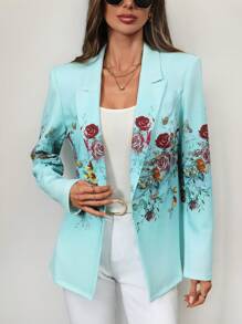 SHEIN Clasi Chaqueta blazer de ajuste regular con estampado floral y doble botonadura para mujer