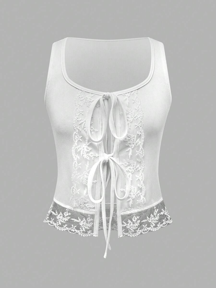 SHEIN LUNE Áo ba lỗ buộc dây phía trước cho nữ, thiết kế lưới thêu chắp vá - trắng - Xem 1