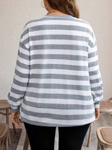 SHEIN LUNE Plus Size Women's Autumn/Winter Striped Print Loose Crew Neck Long Sleeve Casual Fashion T-Shirt With Side Slits Thanksgiving Outfit Holiday Outfit