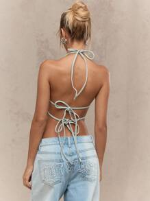 MISSGUIDED Butterfly Tie-Back Halter Neck Casual Denim Blouse - Blue - View 2