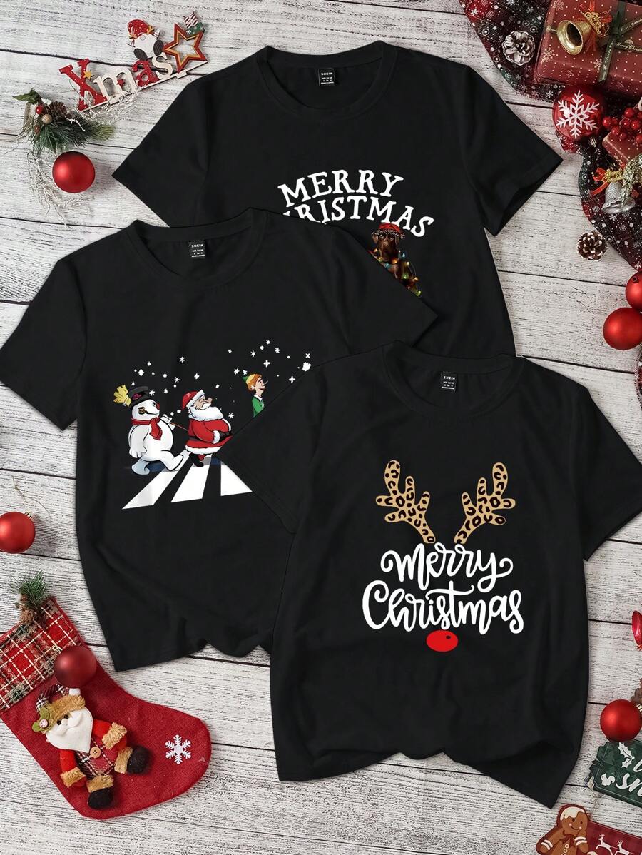 INAWLY Summer Christmas Santa Claus, Reindeer & Snowman Print 3pcs/Set Casual Round Neck Short Sleeve T-Shirt For Women - Black - View 1